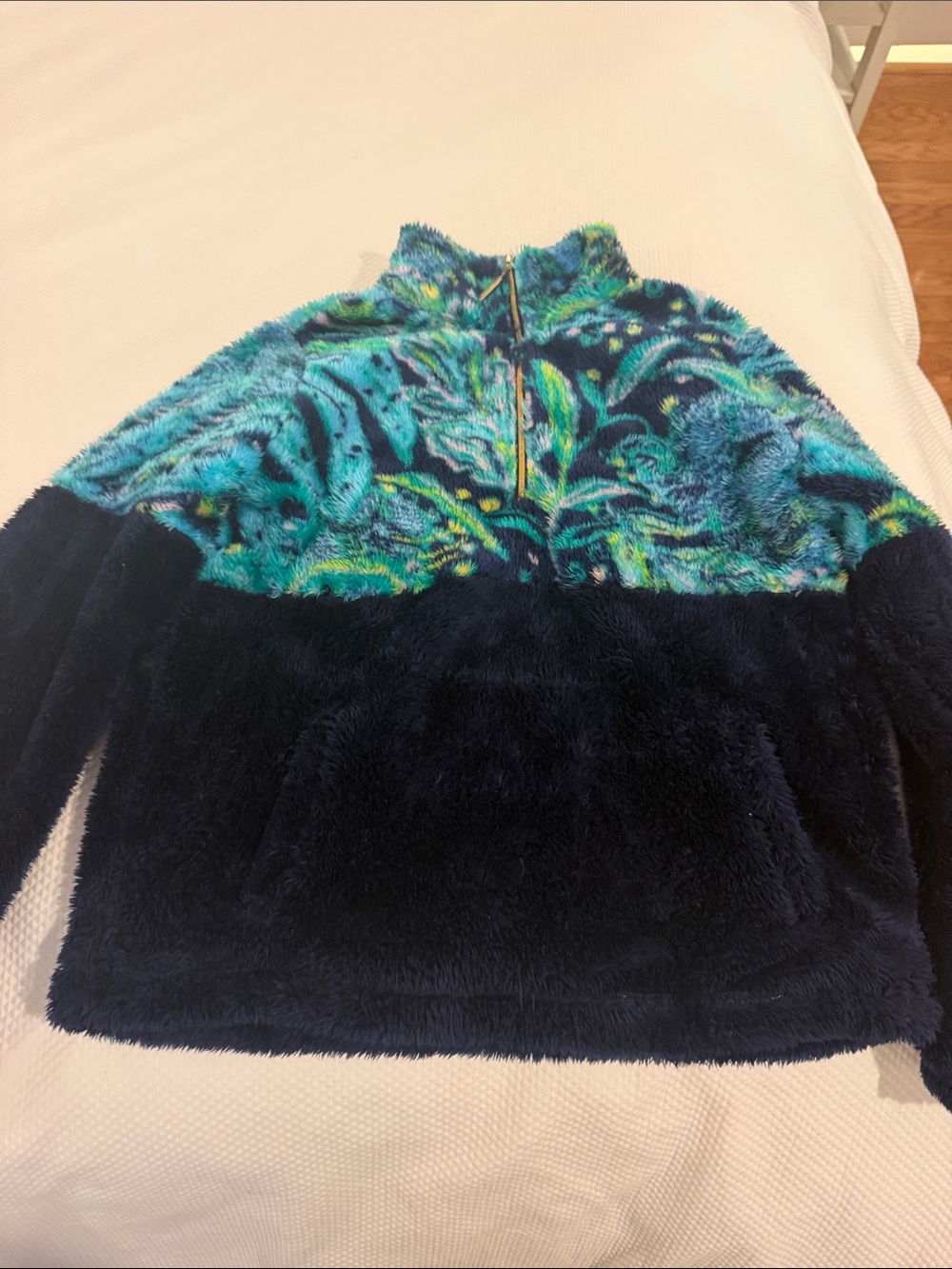 Lilly Pulitzer Navy Plush Half-Zip with Teal & Green Patterned Yoke